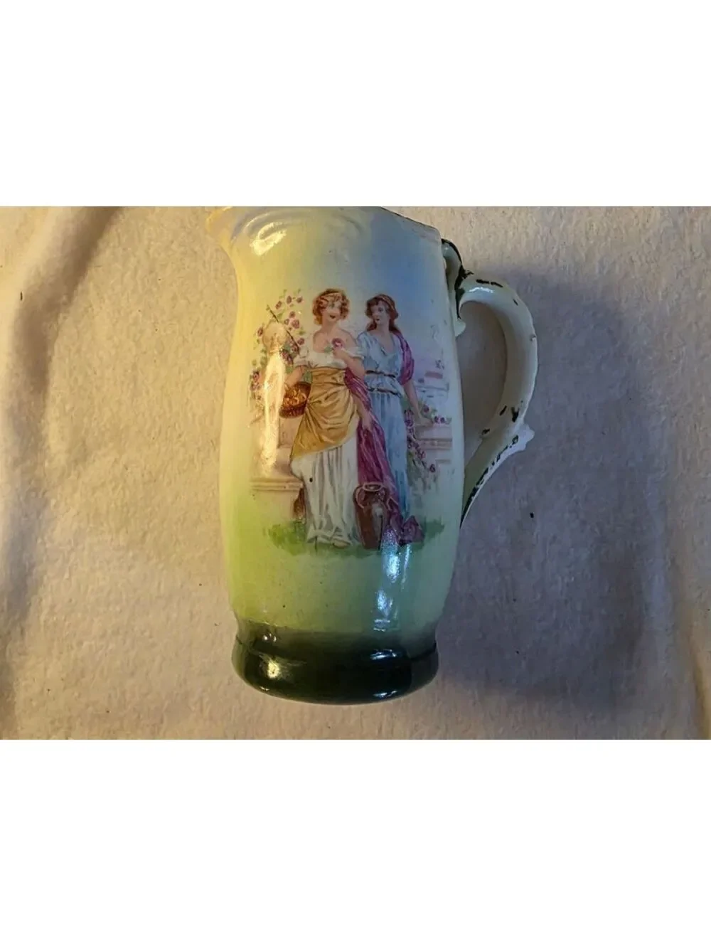 Antique Czechoslovakia Courting Couple Porcelain Pitcher Scenic Creamer